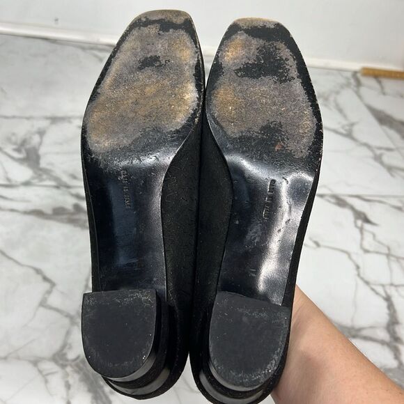 Vintage Salvatore Ferragamo Black Suede Block Heels with Squiggly Design Size 10 - Picture 9 of 11